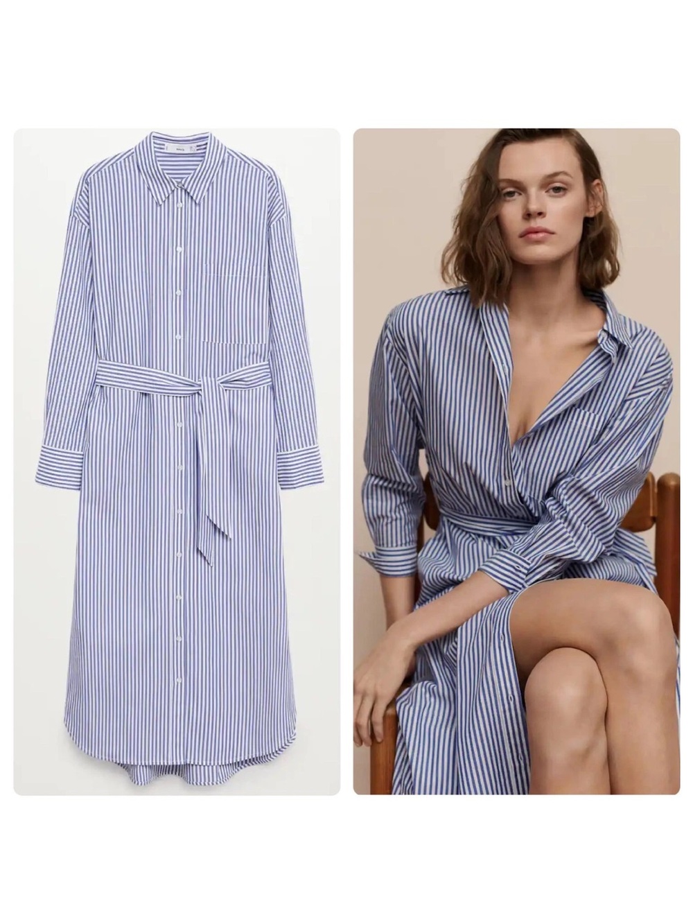 NWT Mango Belted Midi Striped Cotton Shirt Dress Blue & White Size 4